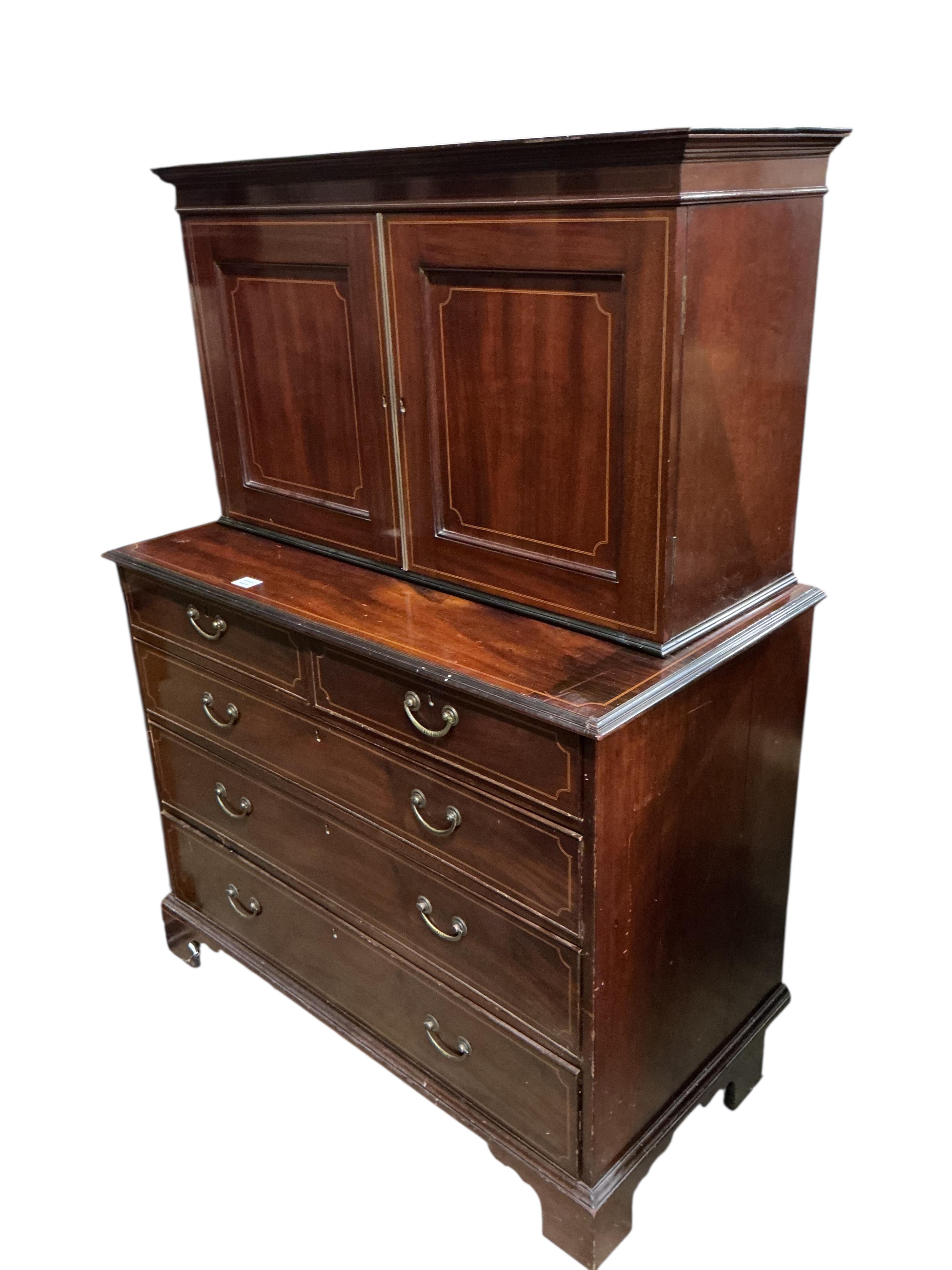 A George III inlaid mahogany cabinet chest on chest, width 110cm, depth 56cm, height 149cm
